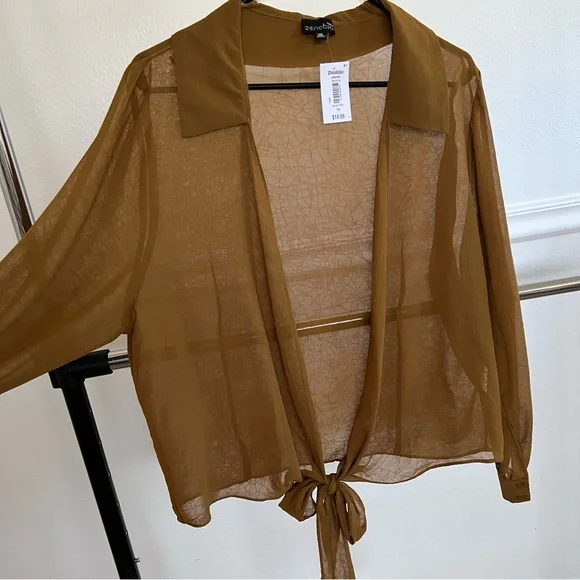 Long sleeve sheer open front with tie blouse - Picture 3 of 9